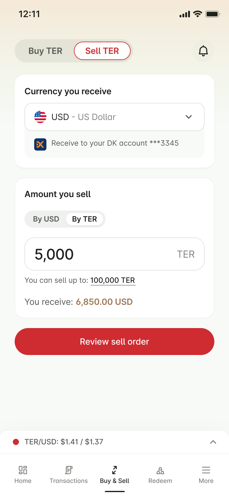 TER sell flow screen